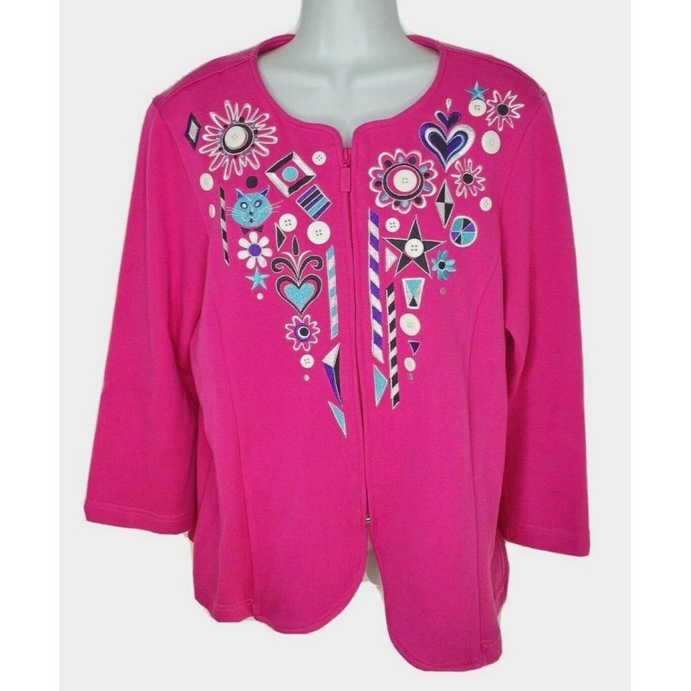 BOB MACKIE Pink Cat Heart Flower Folk Art Sweater